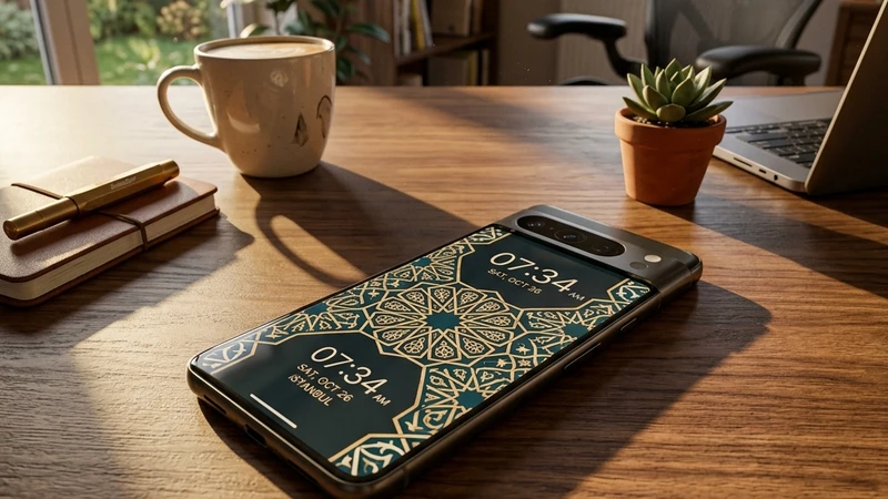 Smartphone displaying Islamic geometric patterns on a desk